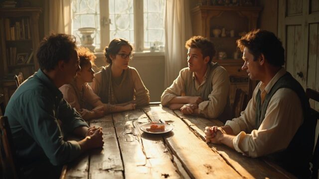 Groupe d'amis assis autour d'une table en bois dans une pièce lumineuse