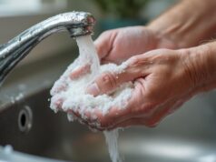 Gros plan sur des mains sous un robinet rincées avec de l'eau et du savon