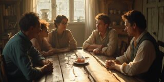 Groupe d'amis assis autour d'une table en bois dans une pièce lumineuse